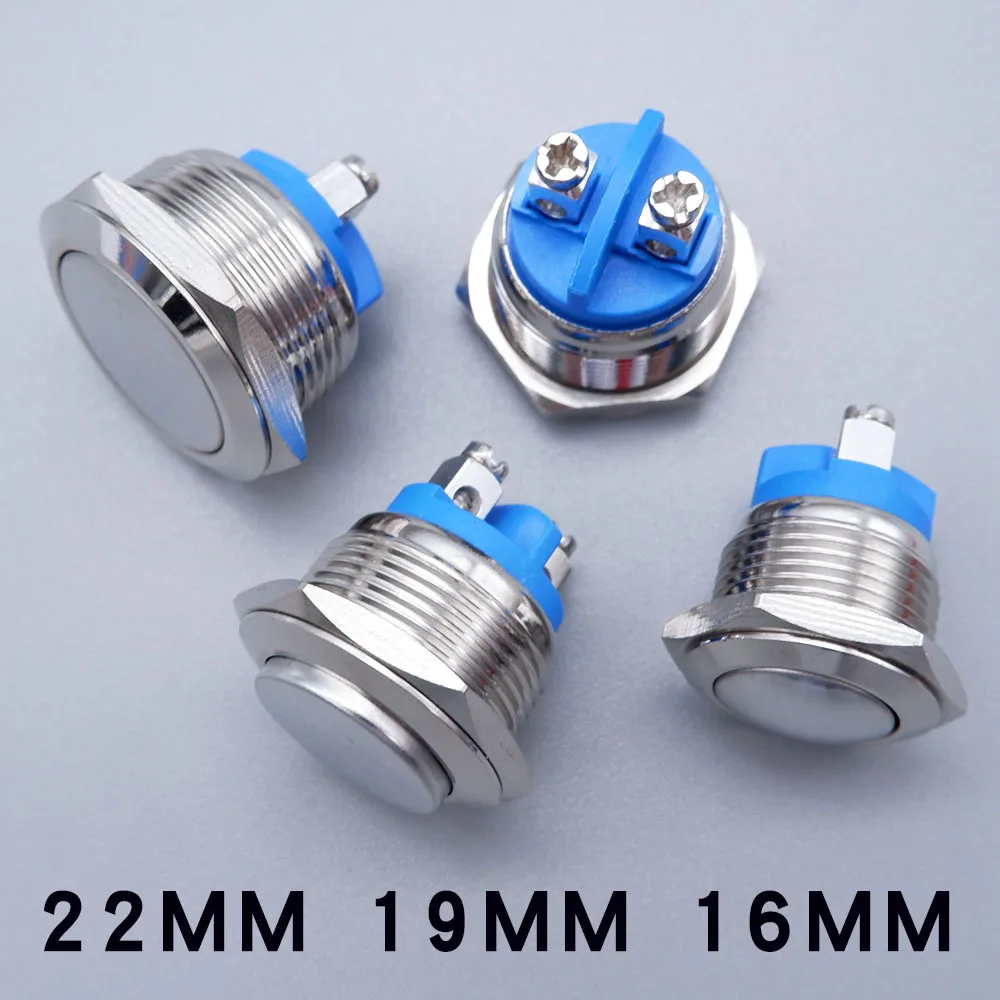 

16/19/22mm Metal Push Button Momentary Self-Reset High Flat Head Screw Terminal PC Power Start Stop Switch Doorbell Button 1NO