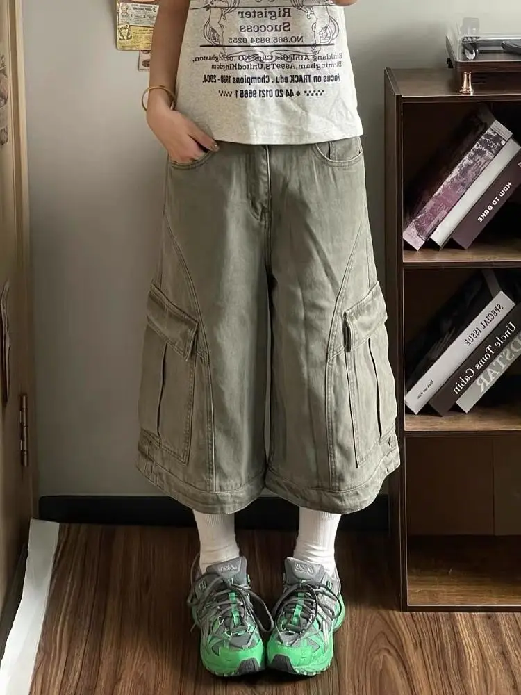 

Women's Grey Cargo Baggy Jeans Shorts Y2K Japanese Harajuku High Street Aesthetic Loose Wide Leg Retro Jeans and Shorts Clothing