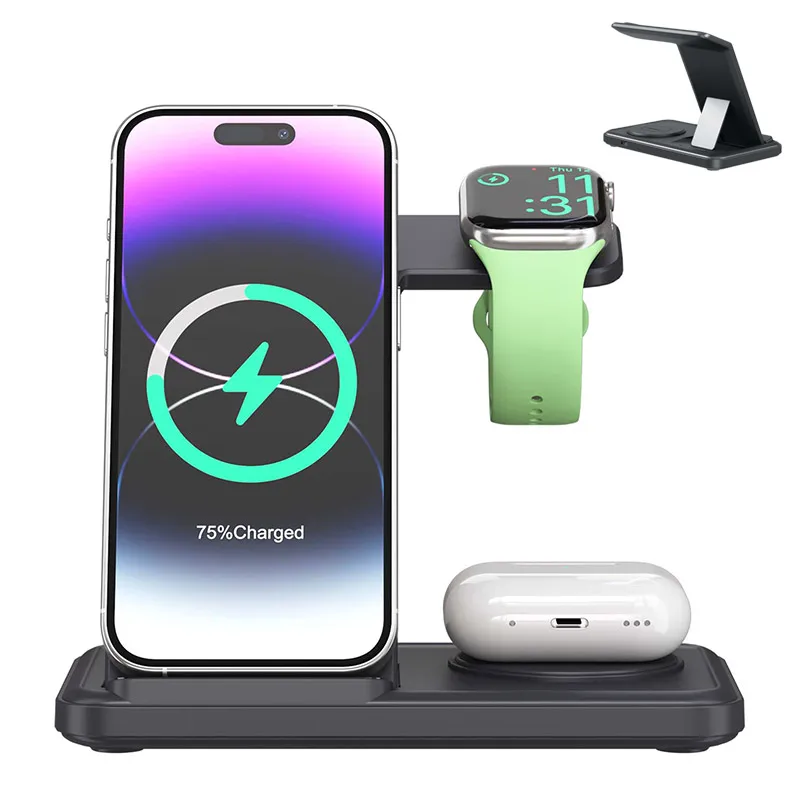 

Настольная магнитная беспроводная зарядная станция 3-в-1, складная, для быстрой зарядки iPhone 17, 16 Pro Max, 15, 14, 13, 12, Apple Watch, Airpods