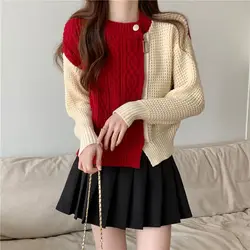 Spring New Korean Edition Contrast Color Zipper Asymmetric Patchwork Sweater Women's Round Neck Versatile Long Sleeved Knit Tops