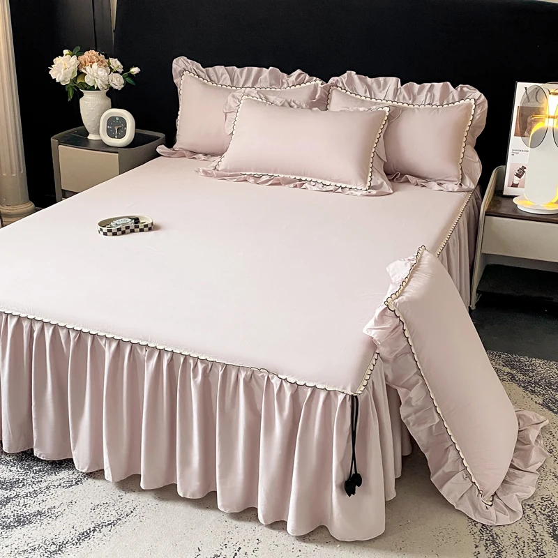 Falda de cama de algodón puro de 1 pieza, cubrecama de color liso con encaje, ropa de cama, tamaño Twin/Queen/King, sin funda de almohada