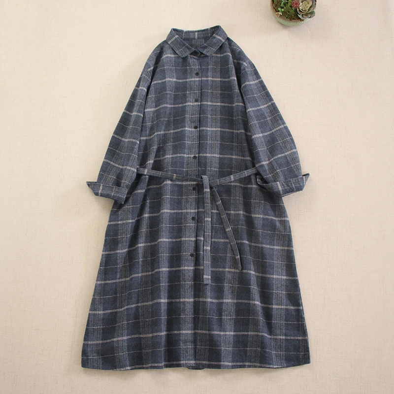 Mori Girl Vintage Plaid Brushed Cotton Shirt Dress Women Autumn Turn Down Collar Long Sleeve Casual Loose Dresses With Belt