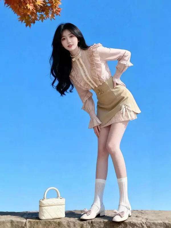 

Корейский комплект Sle Faion ort Юбка irt Комплект из двух предметов Зимний удобный круглый комплект с высокой талией Ne Long Sve Cotton