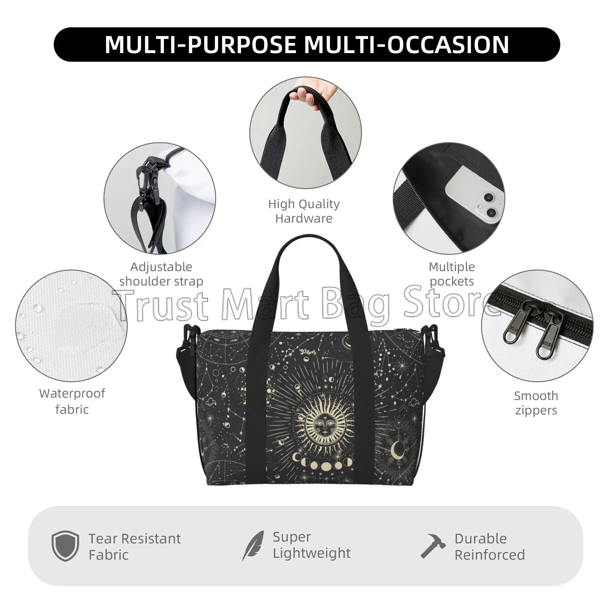 Moon Star Sun Zodiac Mystery Astrology Travel Duffel Bag Overnight Bag Lightweight Weekender Bags Workout Bags for Women Men