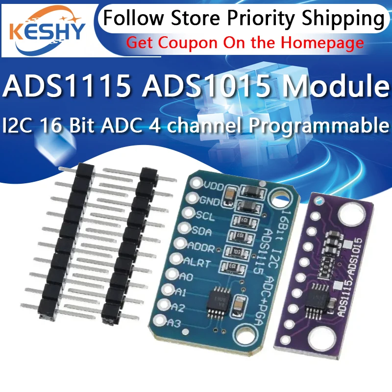 I2C ADS1115 ADS1015 16 Bit ADC 4 channel Module with Programmable Gain Amplifier 2.0V to 5.5V RPi