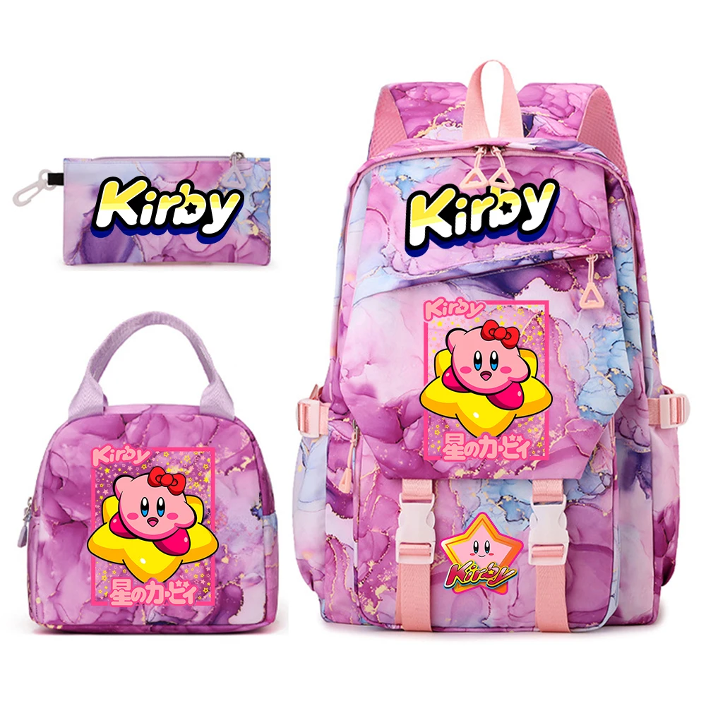 Kirby Cartoon Print Student Backpack Set for Girls with Lunch Bag and Pencil Case School Bookbag Lightweight Daypack