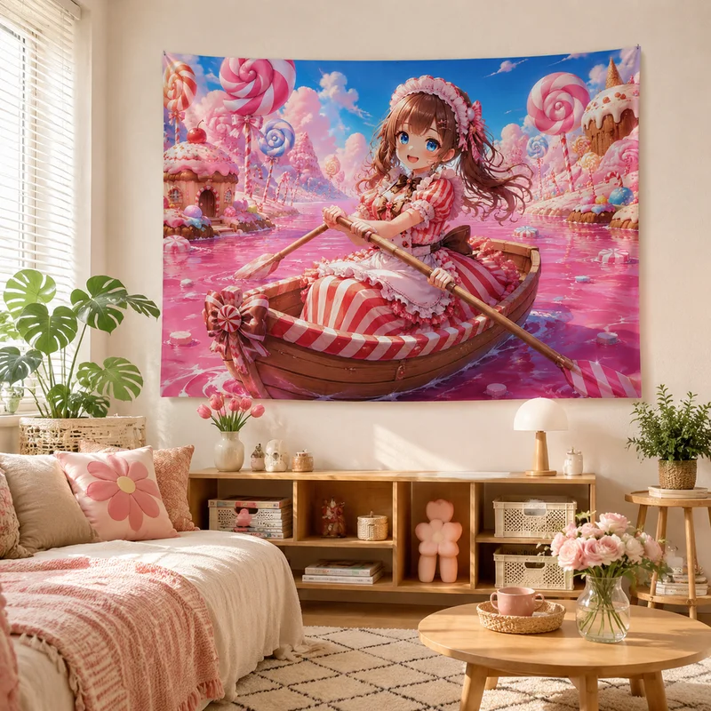 VIKAMA “Fantasy Sky” Anime Tapestry, Soft Wall Hanging Featuring a Blonde Lolita Maid, Aesthetic Home Decor for the Bedroom