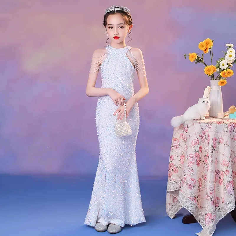 Girls' Mermaid Show Dress2025New white Sequin Fringe Piano Performance Dress Children's Model Performance Dress