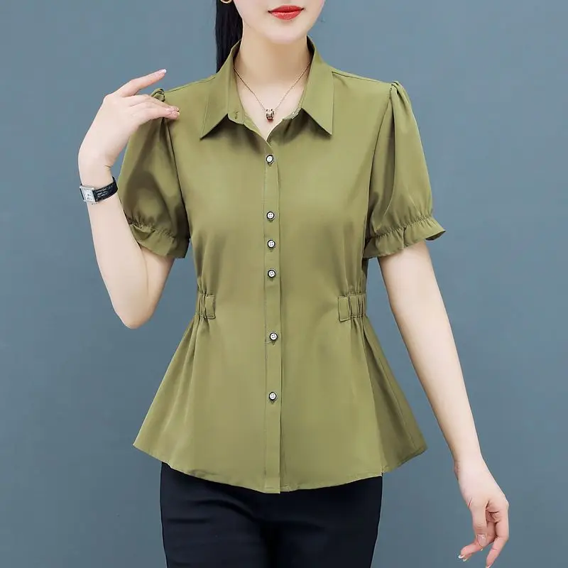 Office Lady Solid Color Shirt Fashion Shirring Waist Female Clothing Casual Turn-down Collar 2024 Summer Single-breasted Blouse