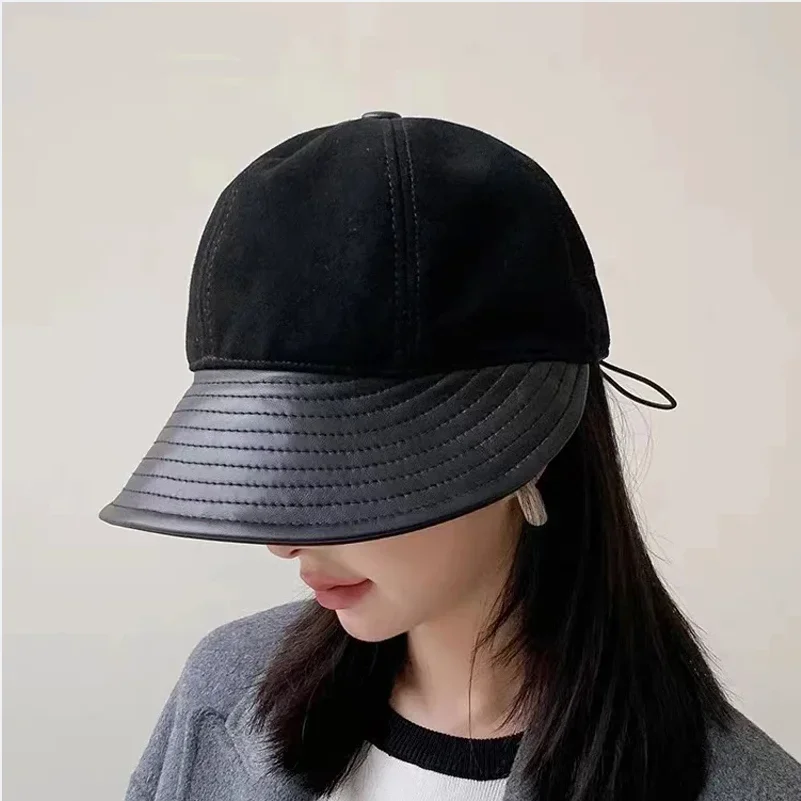 Novelty Suede Bucket Hat Women Winter Genuine Leather Fisherman's Caps Female Korean Fashion Big Brim Outdoor Sombrero Street