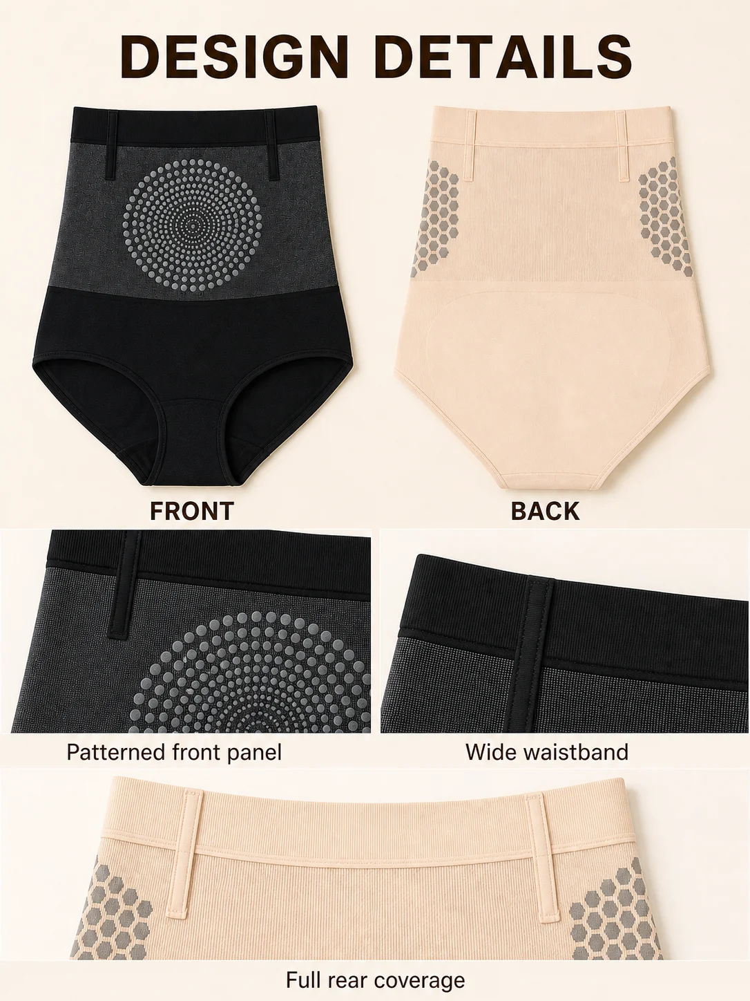 Damen-Shapewear-Höschen mit hoher Taille und Bauchkontrolle, mittlere Kompression, gestrickte Body-Shaper-Slips, Schwarz Beige, M-2XL – Detail 4