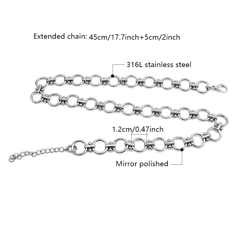 Stainless Steel Silver Interlocking Circle Ring Link Necklace Beaded Chunky Chain Punk Hip Hop Unisex Neck Jewelry For Men Women