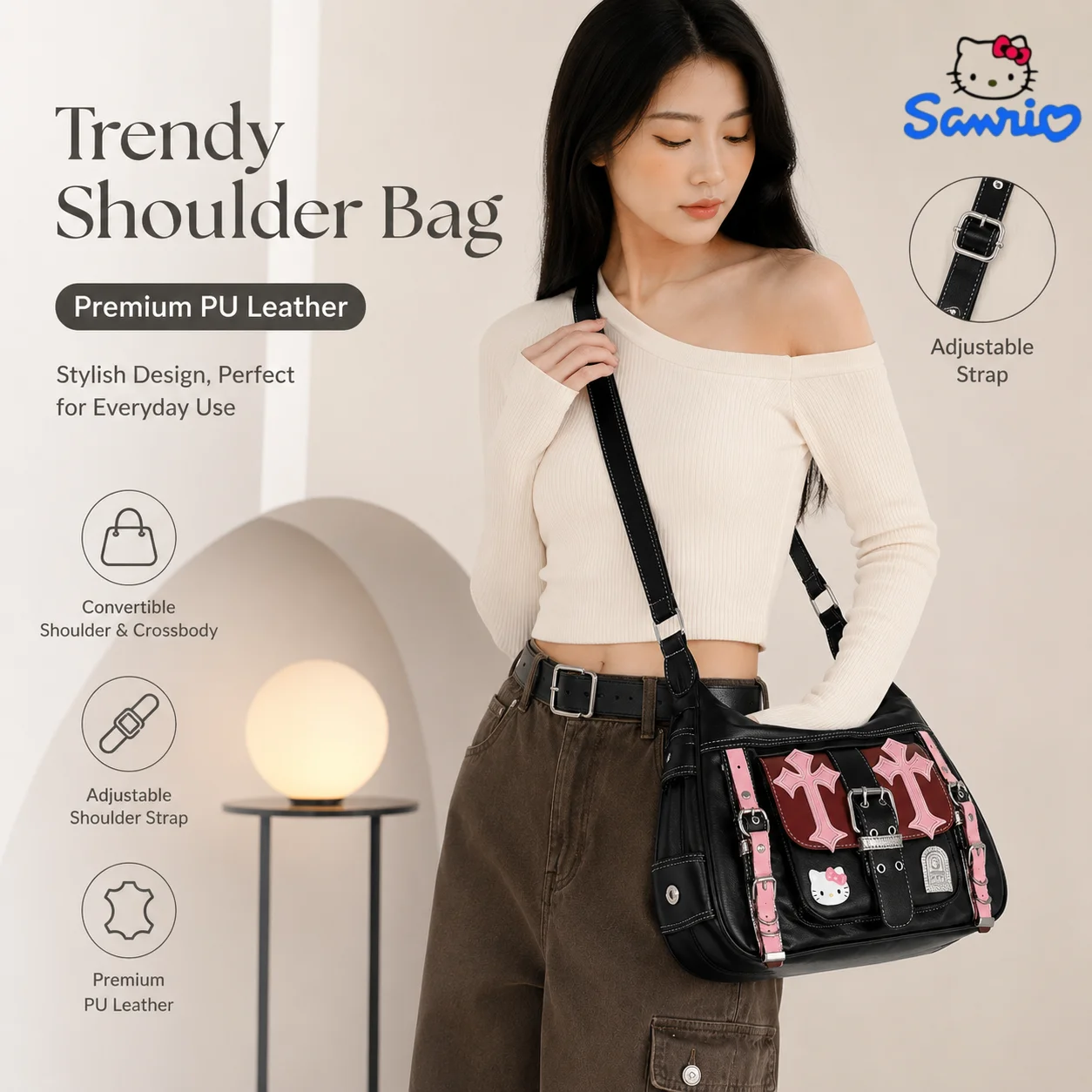 

Sanrio Hello Kitty PU Leather Y2K Shoulder Bag Crossbody Large Bag Women Hot Girl Gothic Punk Cool Black Tote Bag Handbag Gift