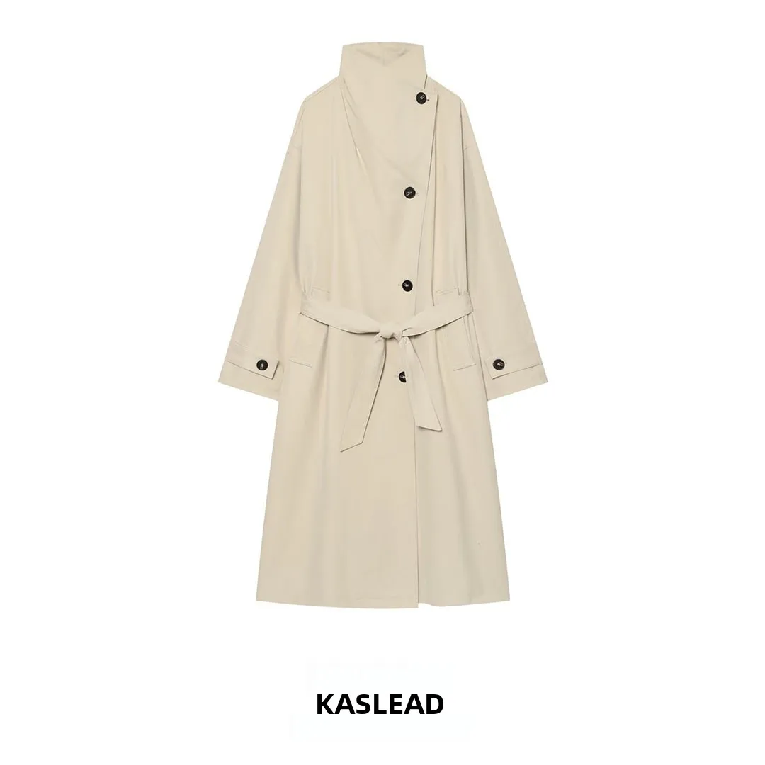 KASLEAD New Women's Windproof Waterproof Belted Jacket 6318282 806 Long Sleeve Stand Collar Regular Length Single Button Poly...