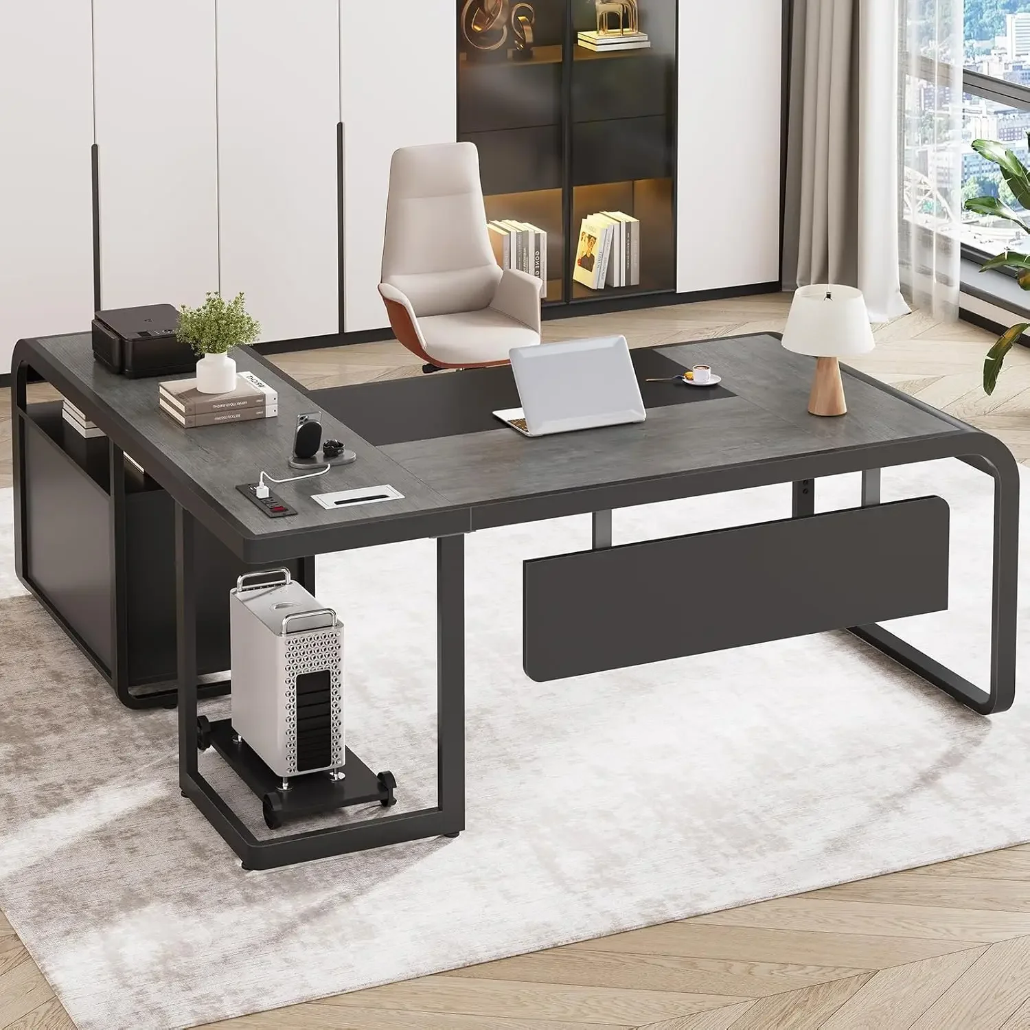 63 Inch Executive Desk, L Shaped Desk with Drawers, Large Office Desk with File Drawer, Computer Desk with Mobile CPU Stand