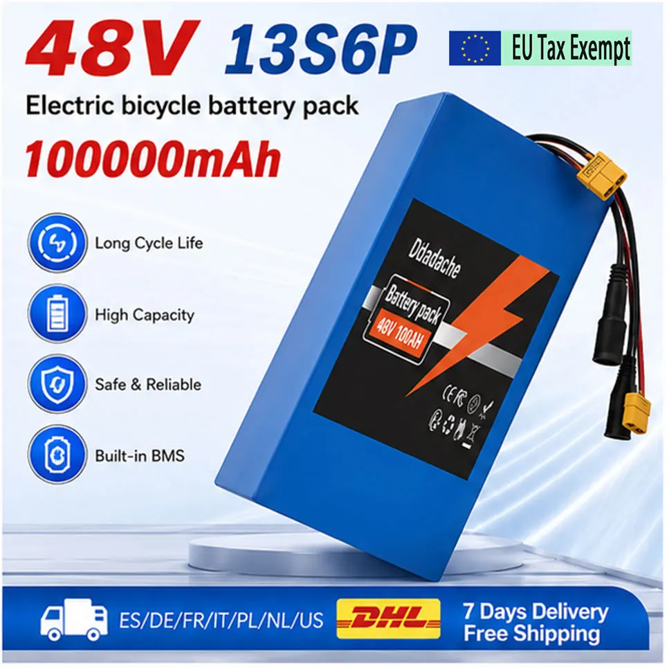 Pack de batteries 18650, pack de batteries au lithium 13S6P, 48V, 100Ah, 2000W, batteries pour scooter Citycoco, BMS 50A intégré, prise personnalisable