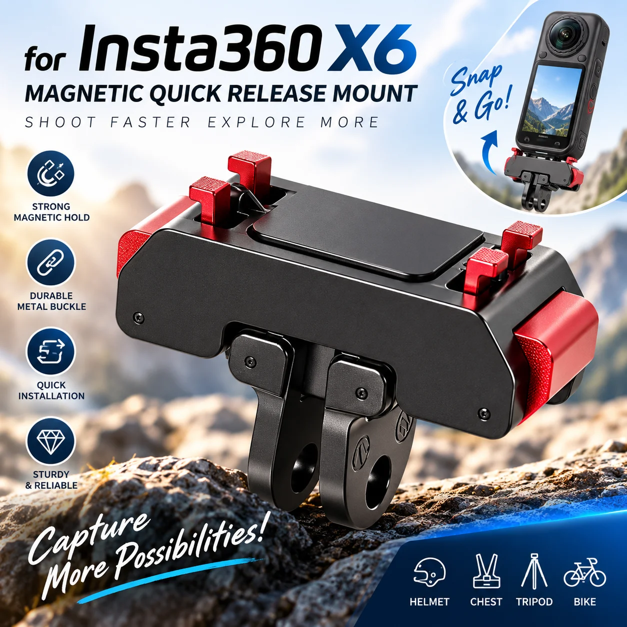 Support magnétique pour caméra Insta360 X6, support à dégagement rapide, double interface, vis 1/4, support trépied, support de vélo, accessoires pour vlog