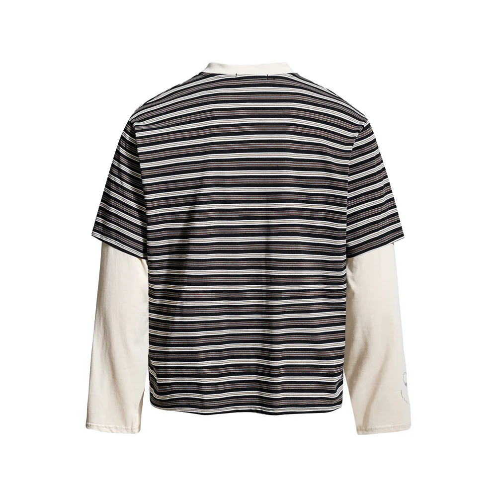 MWJLPWQ Striped Faux Two-Piece Long-Sleeve T-Shirt For Men American Trendy Design Buttoned Half-Open Collar Loose Tops 17482