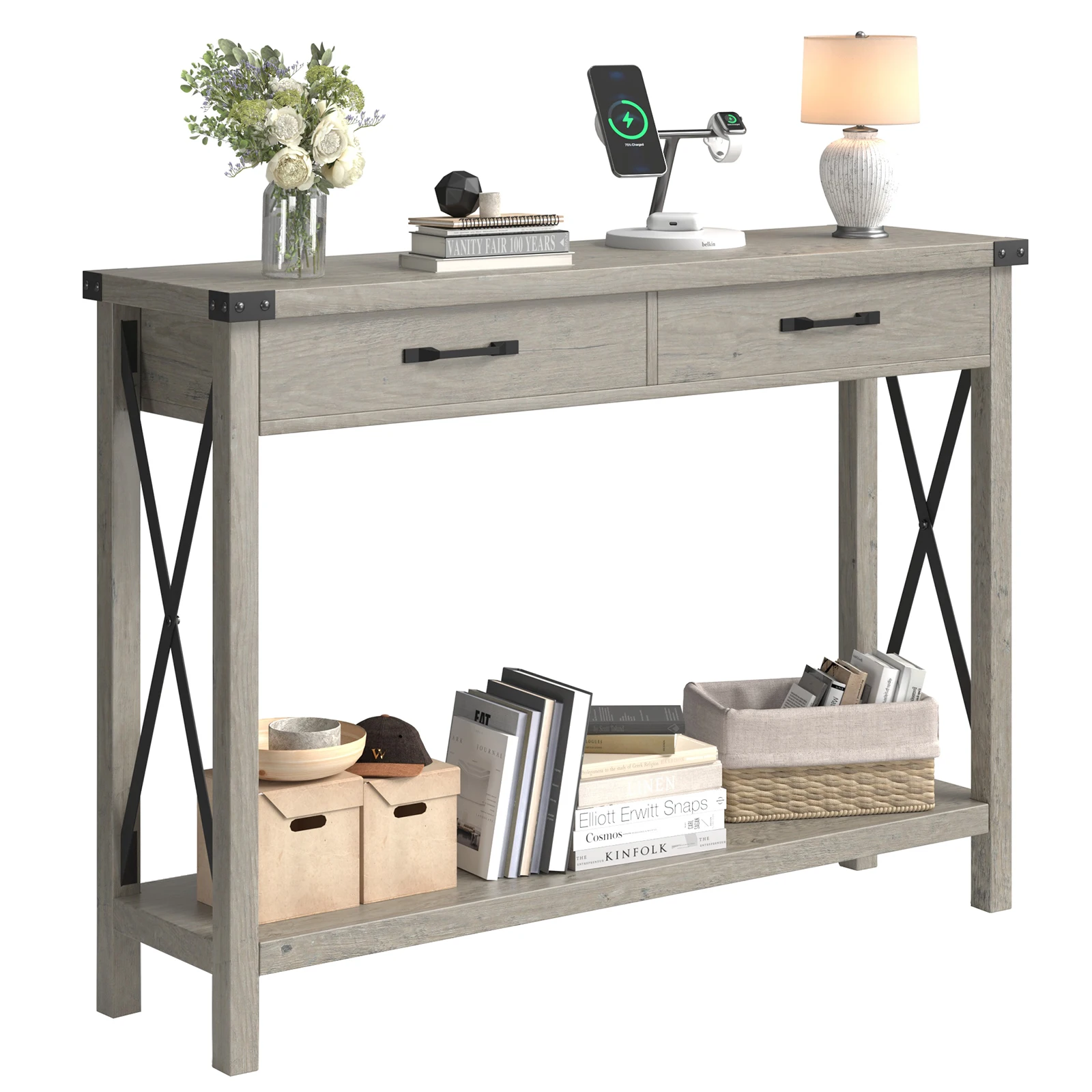 Wooden Foyer Table, Farmhouse-Inspired Console Table with 2 Drawers, Storage Sofa Table for Living Room and Hallway