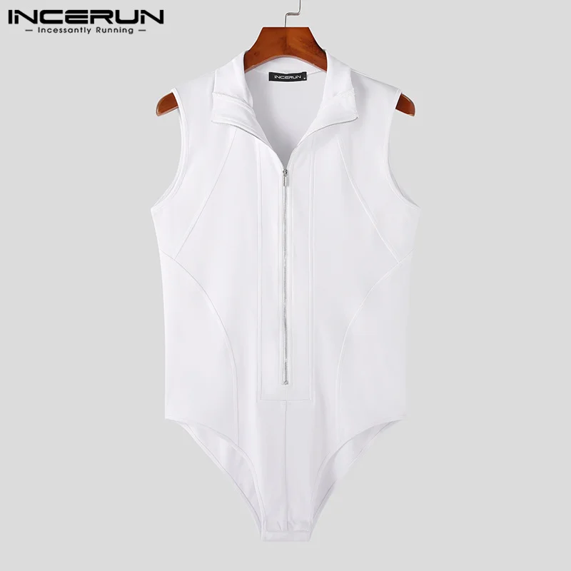 Men Bodysuits Solid Color Lapel Sleeveless Streetwear Zipper Fitness Male Rompers Tank Tops 2023 Sexy Bodysuit Men S-5XL INCERUN