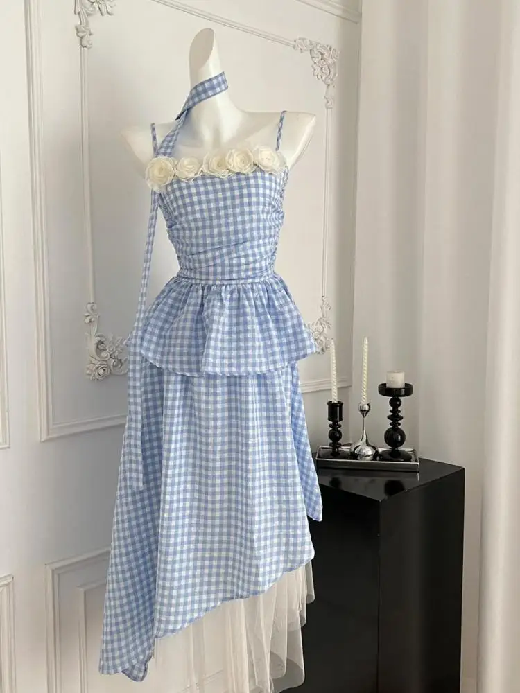 

Vintage Women Summer Blue Plaid Sexy Backless Ruffles Short Slip Tops + High Waist Pleated Irregular Midi Skirts Two Piece Sets