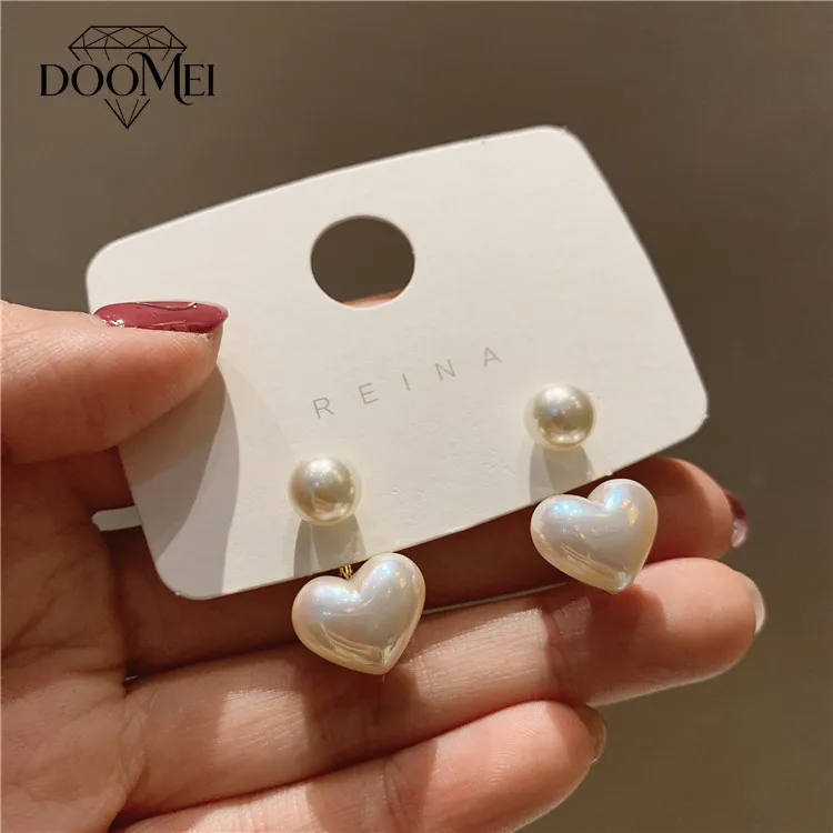 DOO MEI Imitation Pearl Heart Dangle Earrings for Women Gold Plated Hypoallergenic Studs Anniversary Jewelry Valentine Gift
