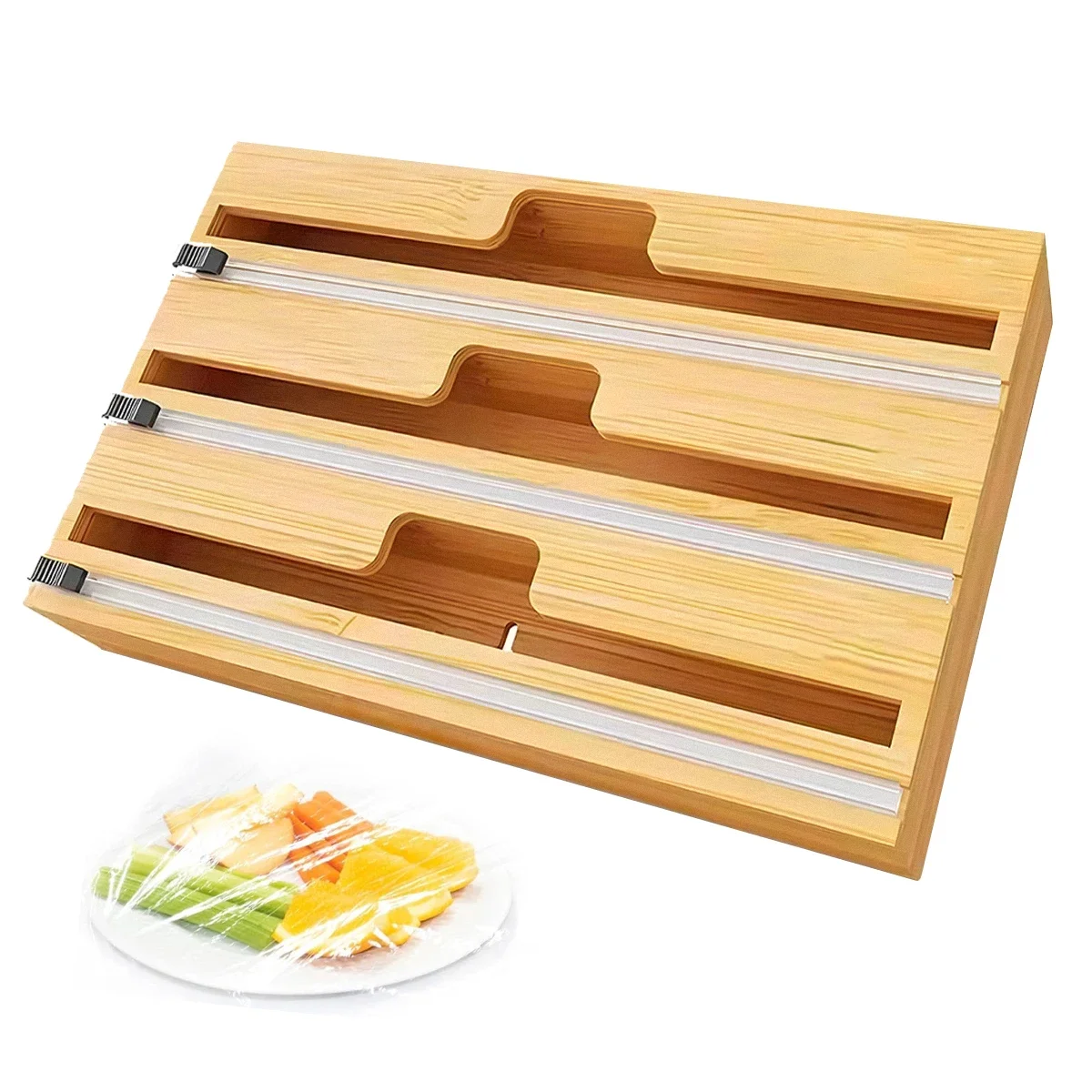 Hot 3 IN 1 Bamboo Wrap Dispenser with Cutter Food Wrap Cling Film Storage Organizer Bamboo Foil Organizer for Kitchen Drawer