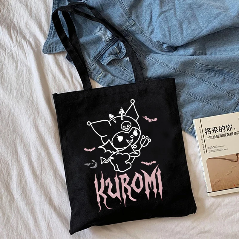 Kawaii Harajuku Kuromi Tote Bag Shopper borsa a tracolla in tela Eco Sanrio Casual Shopping Bag donna Tote femminile