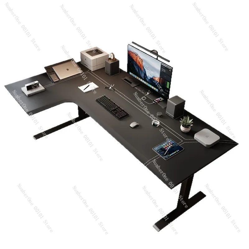 Home Office Electric Lift Desk L Shaped Corner Computer Table PU Leather Surface Solid Wood Workstation Study Writing Desk