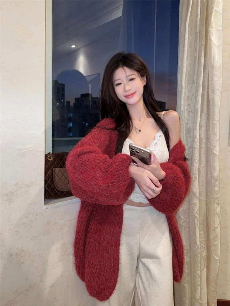 

Loose Korean Style Long Sleeve Knitted Cardigan Sweater Women Pure Desire Lace Strap Vest Two Piece Set Casual Comfortable