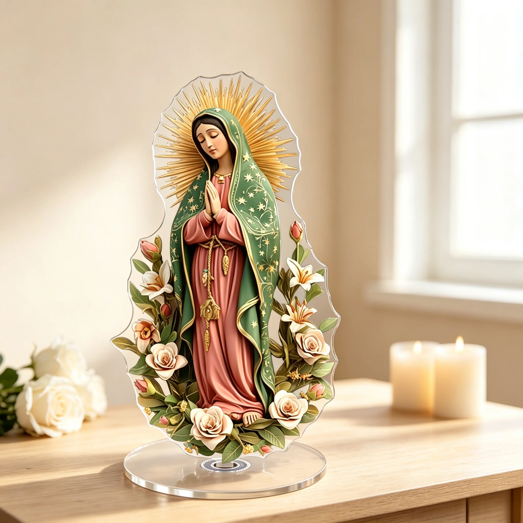 2D Flat Figure, Our Lady of Guadalupe - Spanish Catholic Icon with Rotating Base, Acrylic Desktop Decoration - No Power Required
