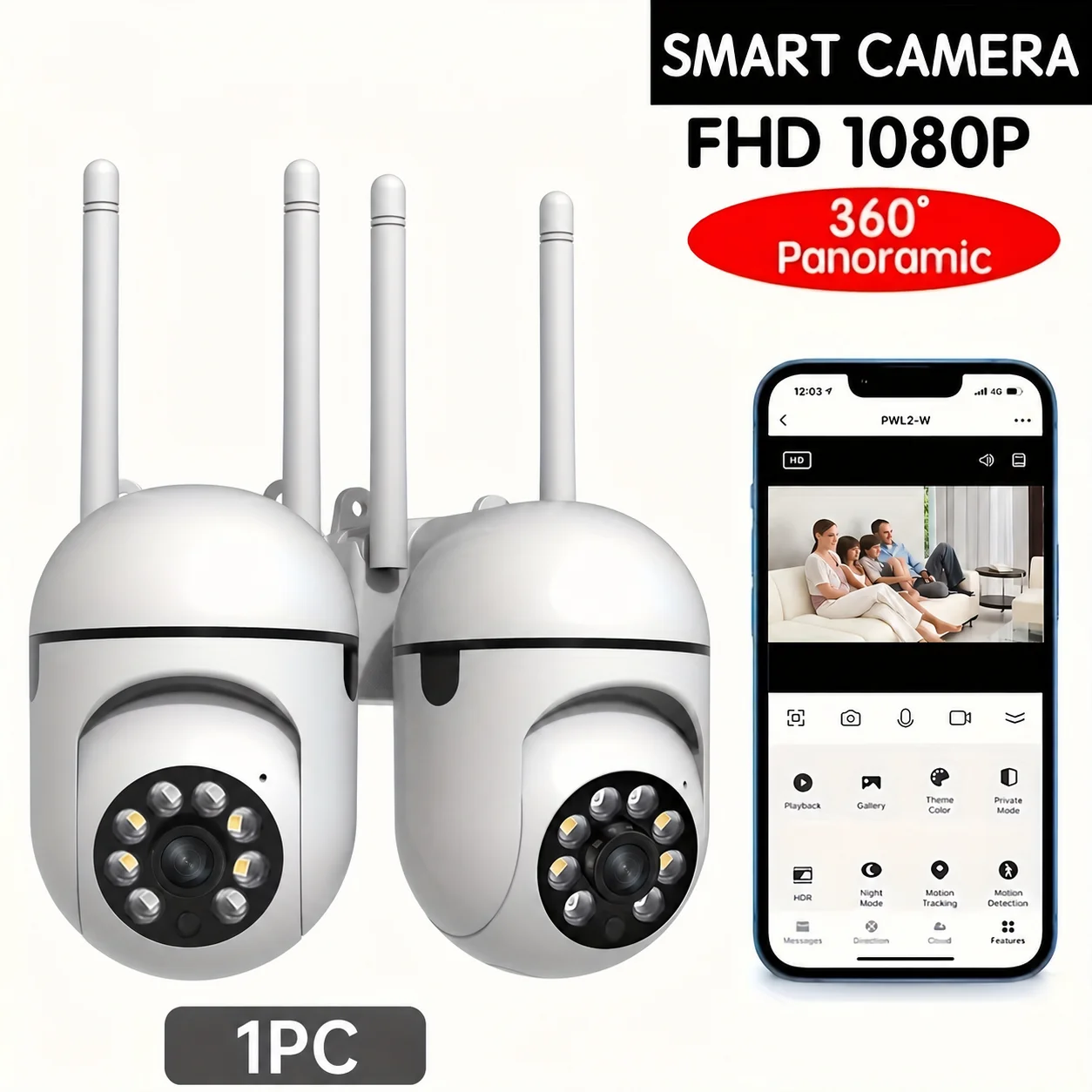 1 Full-Color Night Vision Wireless Wi-Fi Camera, 1080P Full HD, Indoor/Outdoor Use, Two-Way Audio, Pan-Tilt Zoom, 2.4G Wi-Fi, Sm