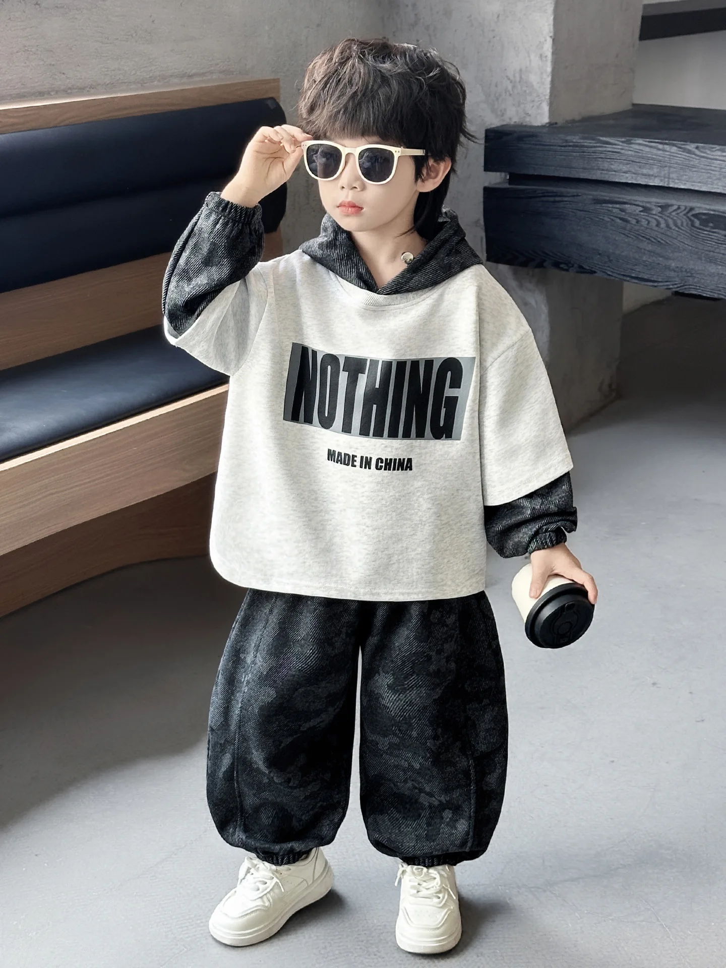 Autumn Boys Outfit Kids fake two piece Hoodie Sweatshirt+Pants 2PCS Boys Sets Letter Printed Children Tracksuits 2-11Years