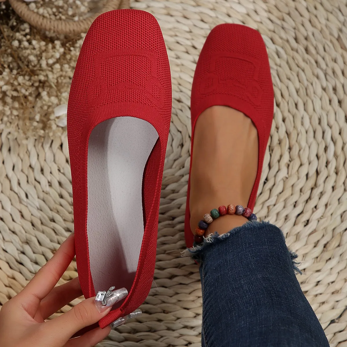 Autumn 2023 New Outwear Solid Color Oversized Shallow Cut Shoes Women\'s Knitted Comfort Flat Shoes Women Zapatos De Mujer