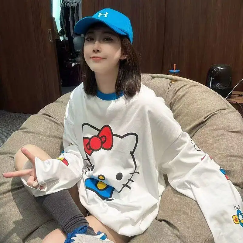 Новая летняя женская футболка с длинным рукавом Hello Kitty: милая мультяшная футболка с принтом, популярная свободная модель для защиты от солнца, тонкий топ