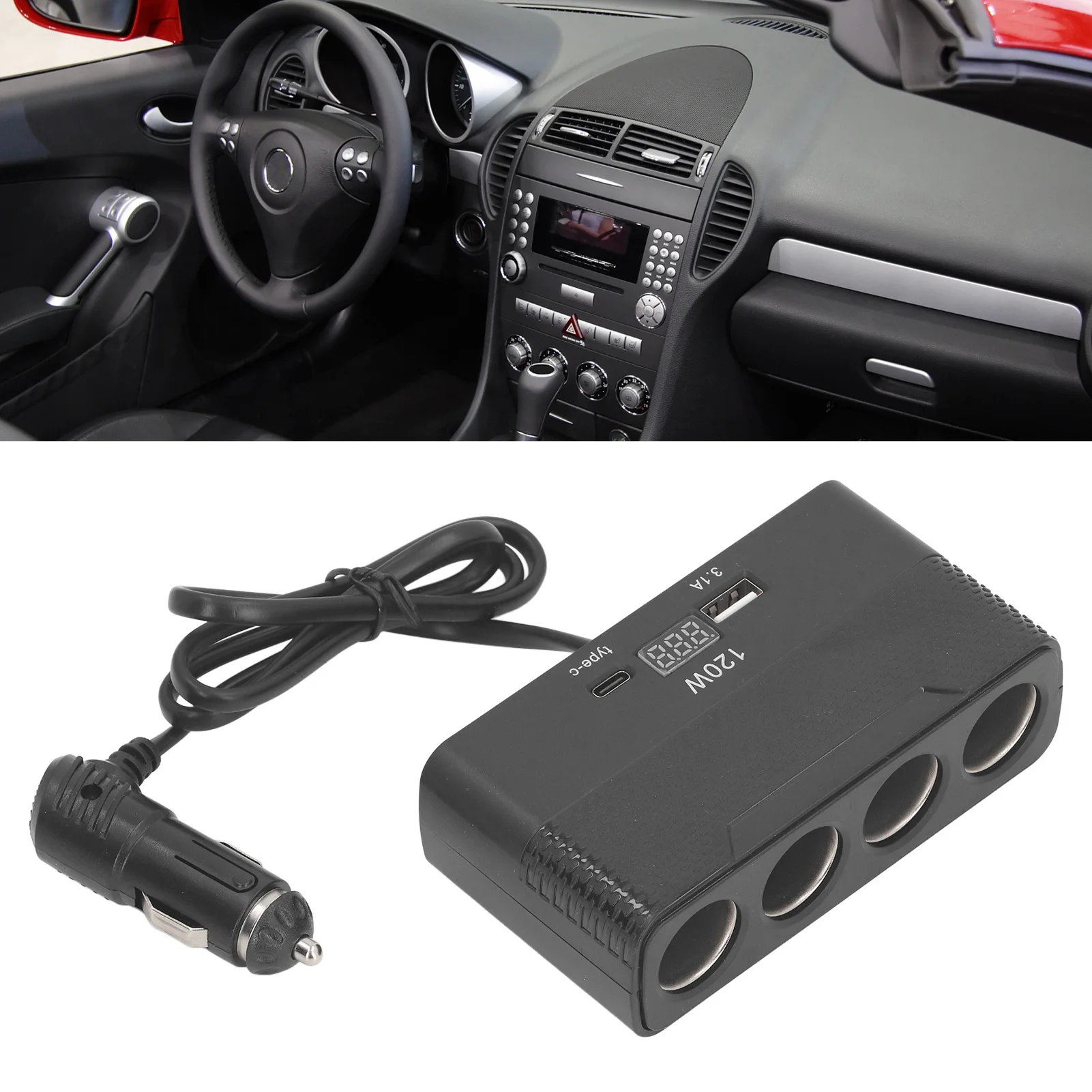 محول سيارة سيارة ولاعة السجائر الفاصل 4 مآخذ عرض الجهد USB نوع C ميناء متعدد المنافذ قابس طاقة للمركبات