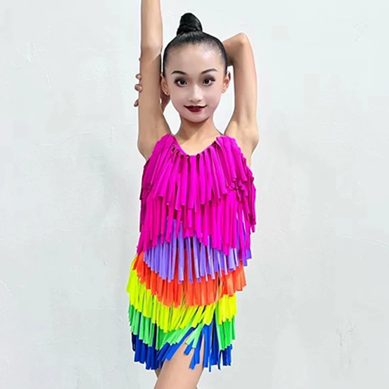 Colorful Fringe Latin Dance Dress Girls Cha Cha Rumba Samba Performance Costume Kids Practice Clothes Competition Dress DNV20620