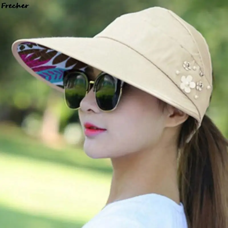 Summer Hats For Women Foldable Sun Hat Pearl Flower Visor Suncreen Floppy Cap Female Outdoor Casual Baseball Cap For women