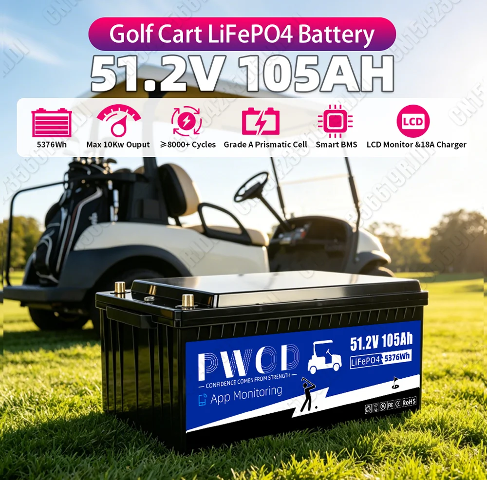 Grade A 48V 105AH Lifepo4 Battery Pack 8000+ Cycles Built-in 200A BMS With APP Control 51.2V Lithium Iron Phosphate Rechargeable Cell For Golf Carts Large Lawn Mower US StocK