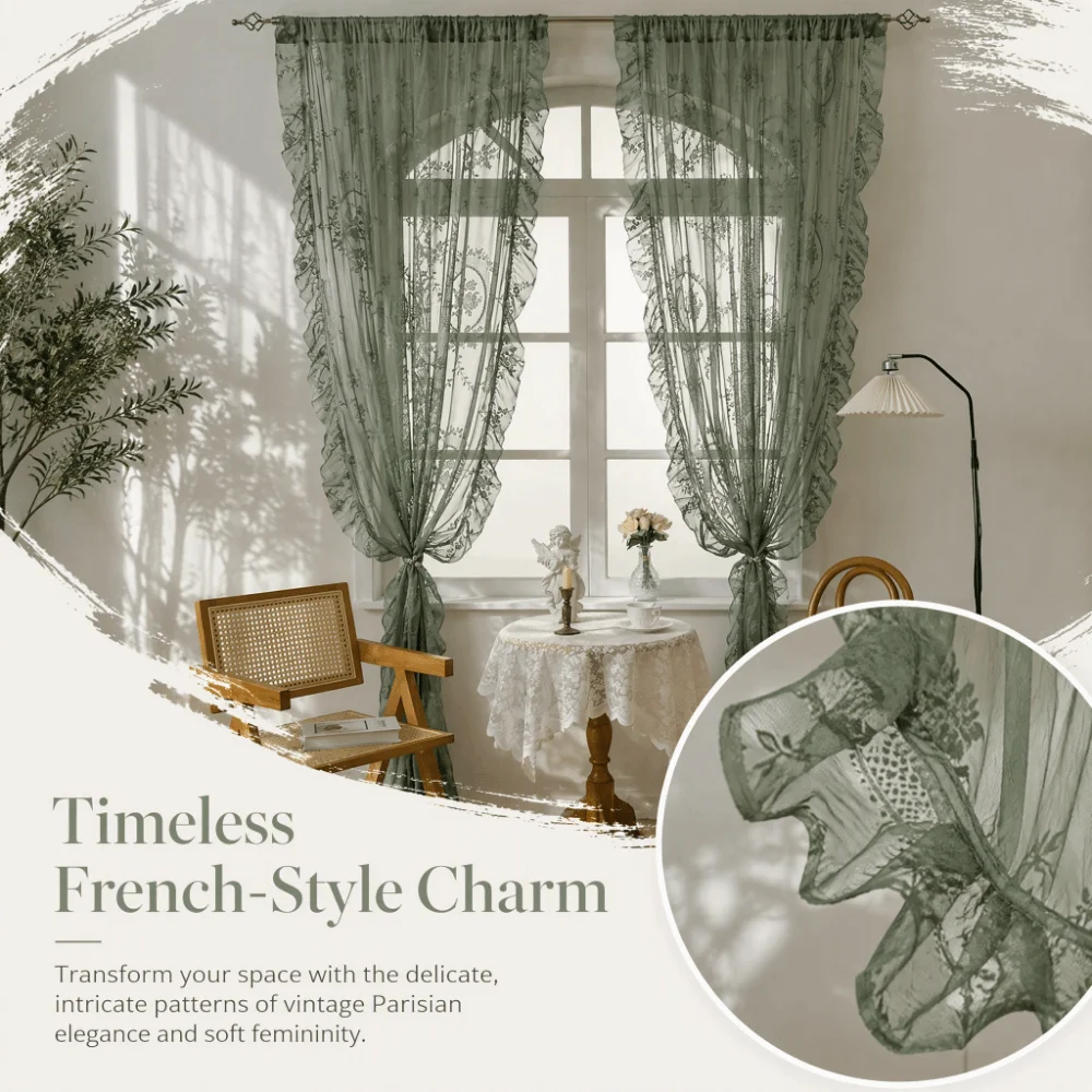 New French-Style Lace Curtains Solid Color Half-Shaded Window Curtains Ruffled Edges Gauze Curtains Home Decoration
