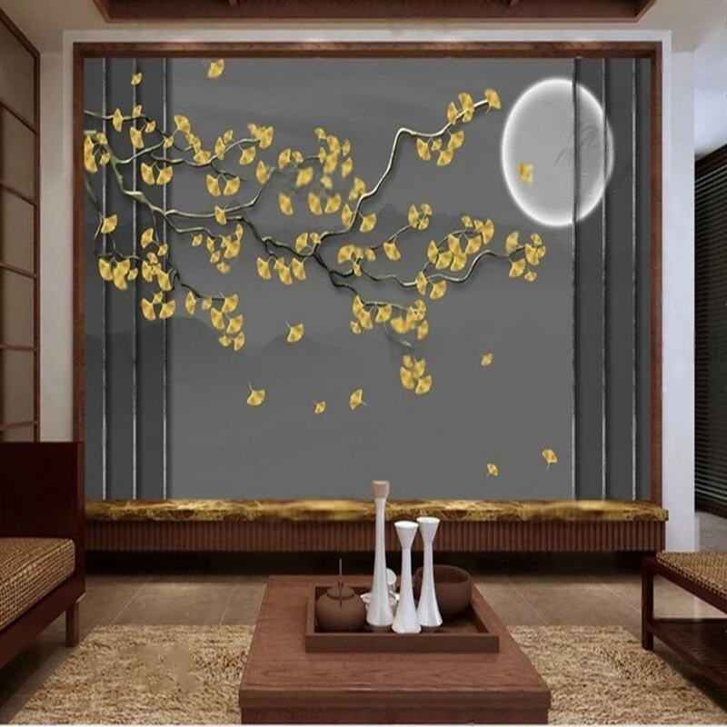 New Chinese-style artistic conception ginkgo leaf ink-wash landscape painting retro and fashionable TV home decoration backgroun