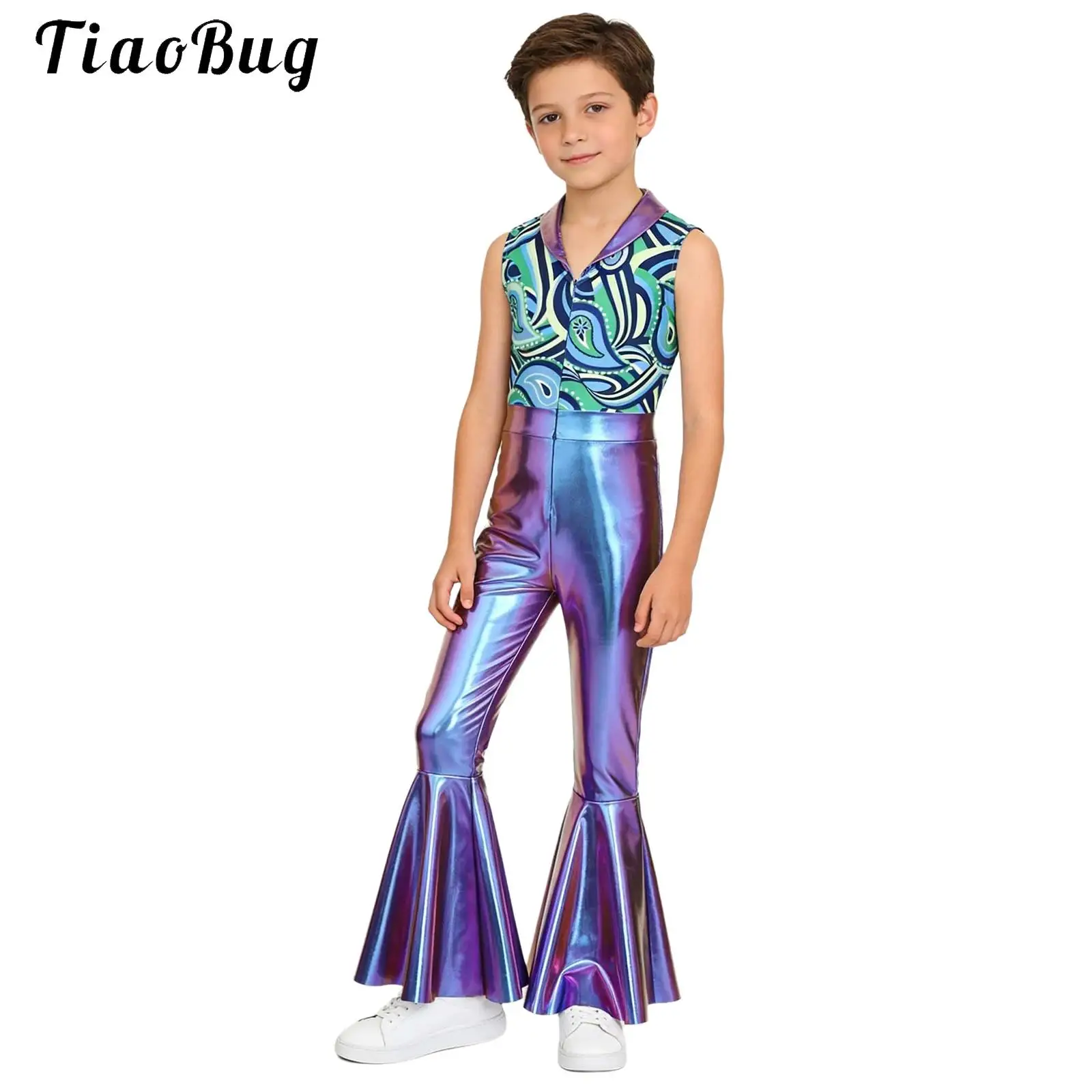 Kids Boys Shiny 70s Disco Flared Jumpsuit Halloween Print Hippie Costume Metallic Bell Bottom Pants Jazz Dance Rompers Dancewear view 2
