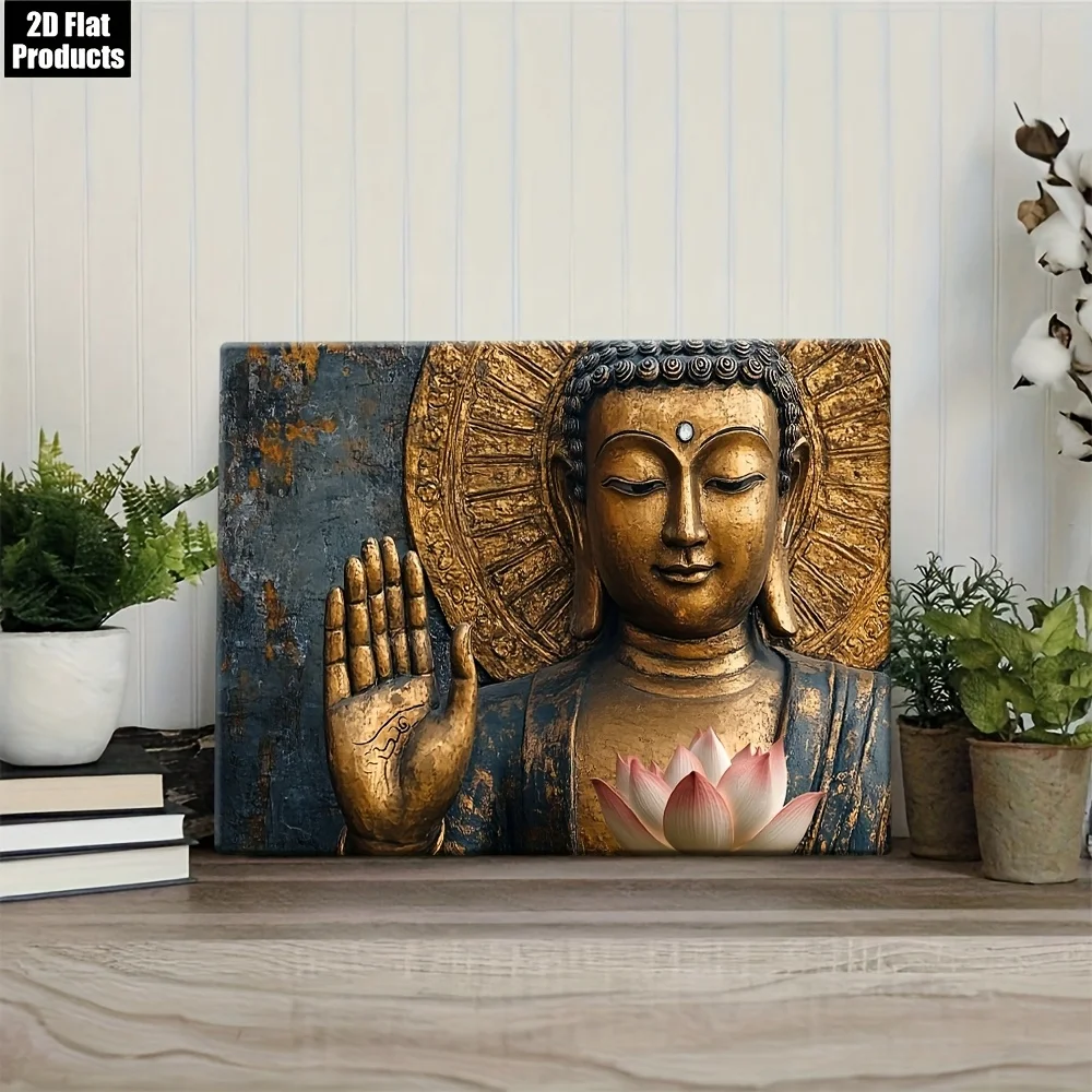 

Elegant Buddhist Wall Art Decor with Raised Hand, Dark Blue Background - Wrapped Canvas Framed Poster for Living Room