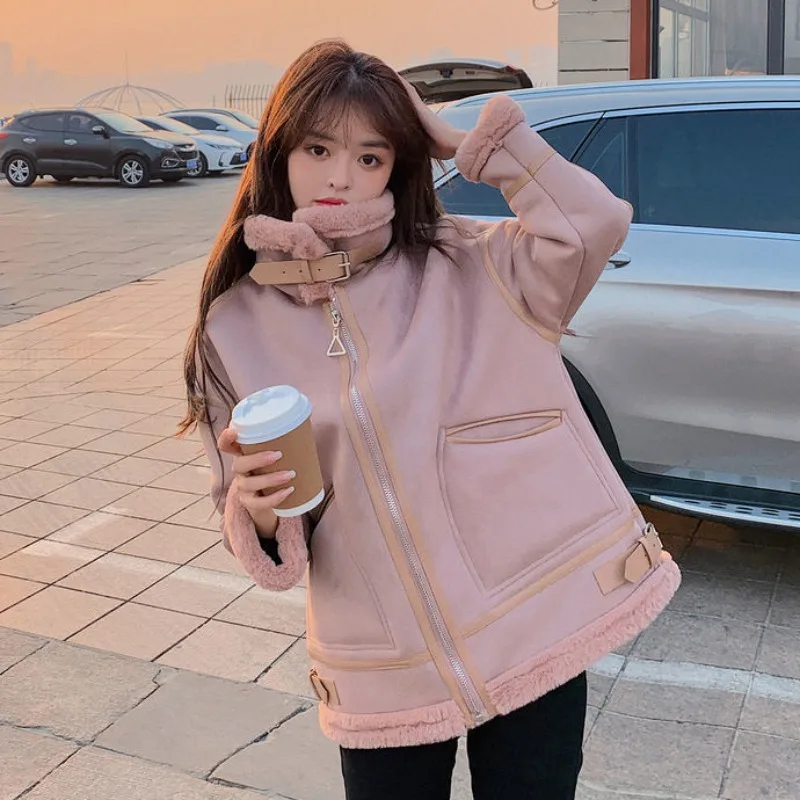2023 Winter New Lamb Wool Faux Fur Coat Women Thickened Warm Short Outwear Female Loose Temperament Casual Solid Color Jacket