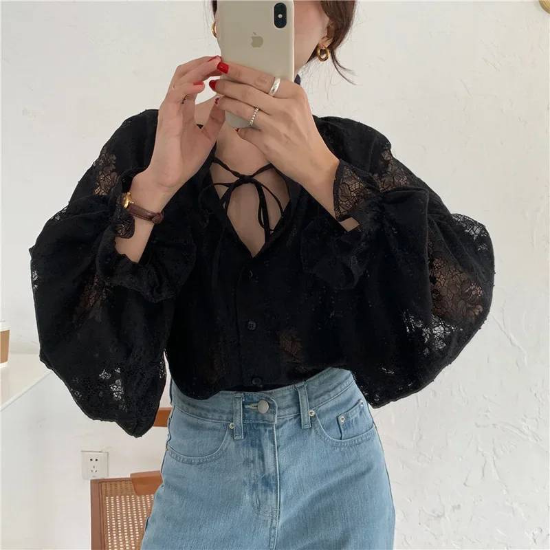 Vintage Hook Hollow Flower Blouse Women Fashion with Lace Casual Loose Lantern Sleeve Shirt Female Lace-up Black Tops Elegant