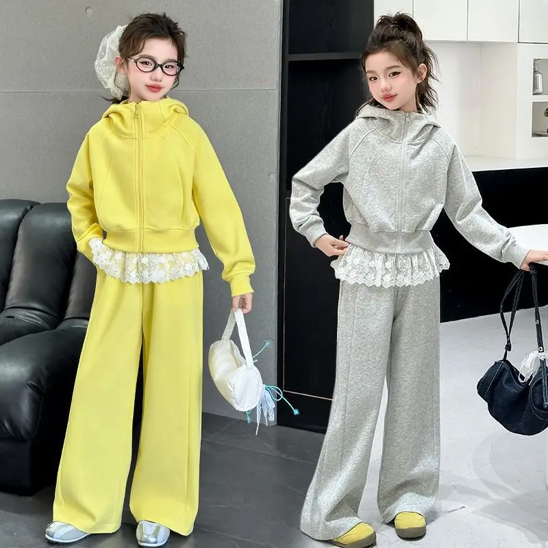 2026 autumn spring teenager kids girl Children set Cloth jacket crop top Hooded + lace loose pants 4 6 7 8 9 10 11 12 14 15 Year