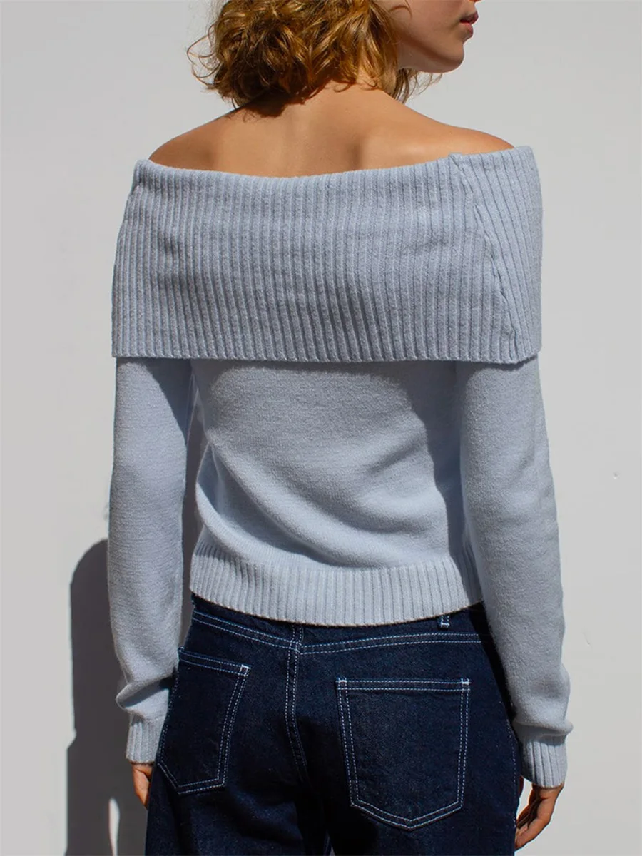 Womens Off Shoulder Sweater Slim Solid Fold Over Long Sleeve Crop Knit Tops Casual Fall Streetwear