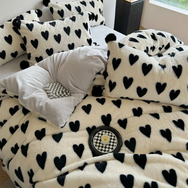 Ins Style Girl Heart Rabbit Wool Four-piece Set Love Hairball Warm Quilt Cover Bed Sheet Pillowcase Milk Fleece Bedding Set