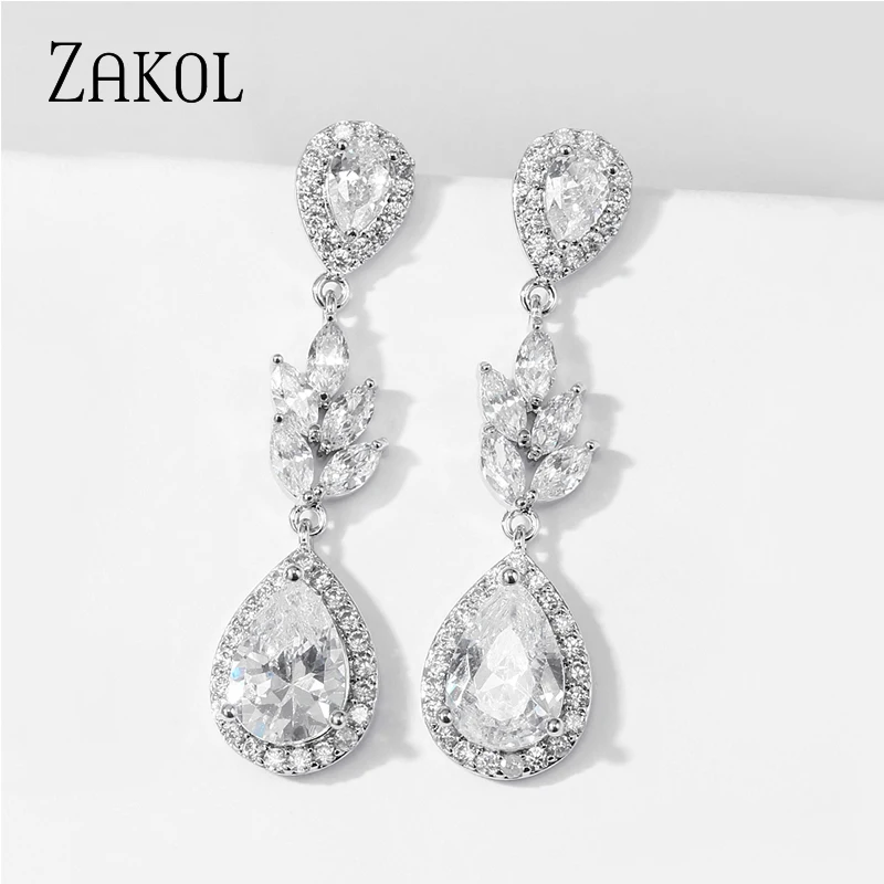 ZAKOL White Color Luxury Round Water Drop Elegant CZ Long Dangle Earrings for Women Bridal Wedding Jewelry Dress EP5075