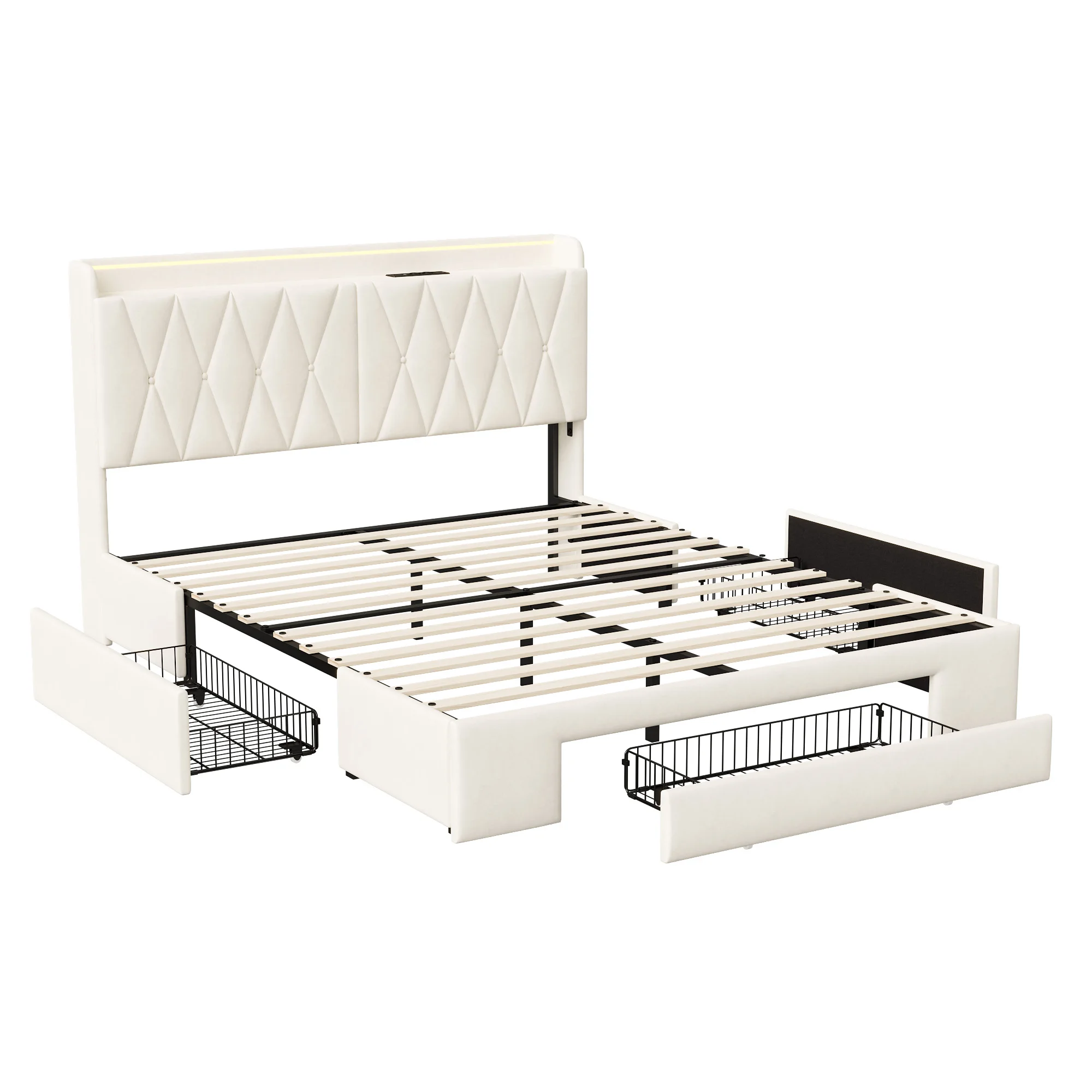 Fangange gestoffeerd tweepersoonsbed 160 x 200 cm, opbergbed met 3 laden, opberghoofdeinde met LED en USB, zonder matras